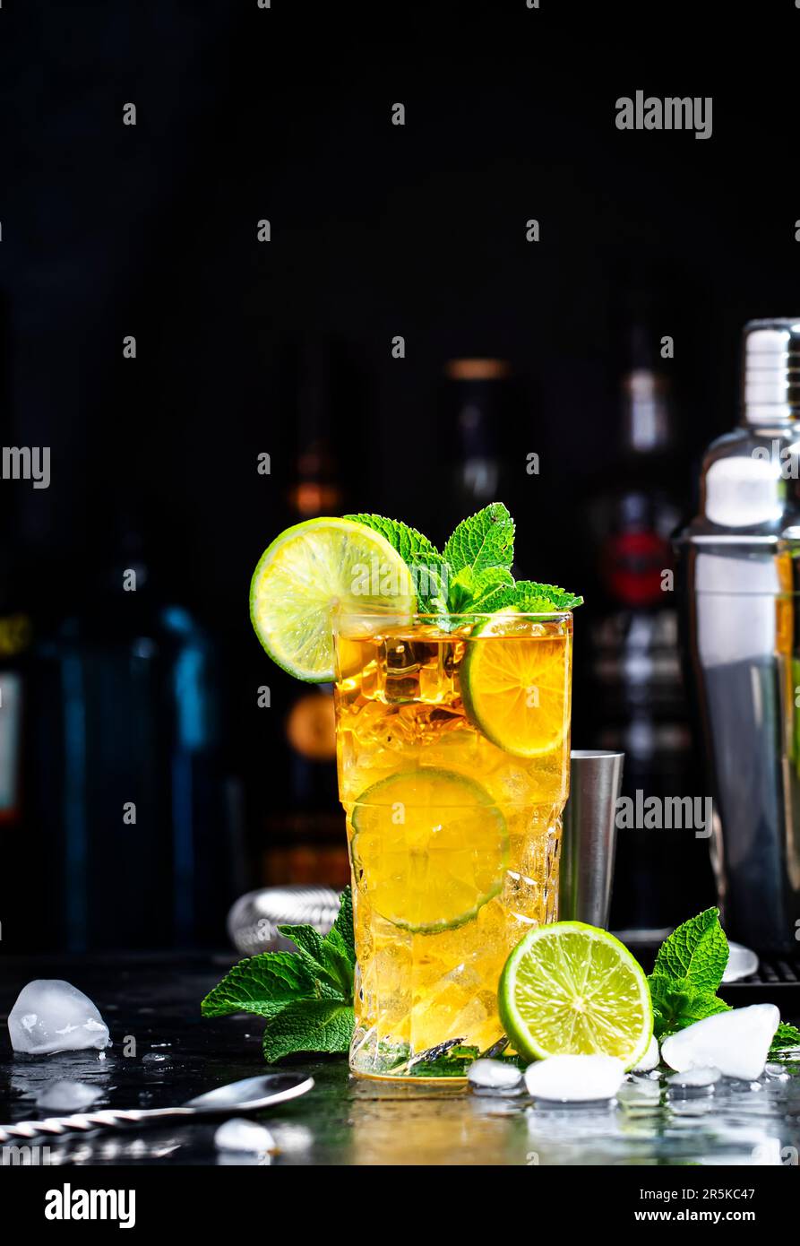 Dark and Stormy alcoholic cocktail drink with dark rum, ginger ale