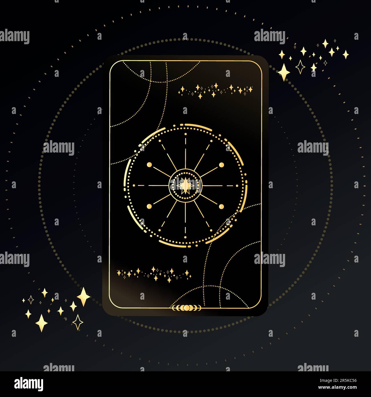 Gold Tarot card with a star on a black background with stars. Tarot symbolism. Mystery, astrology, esoteric Stock Vector