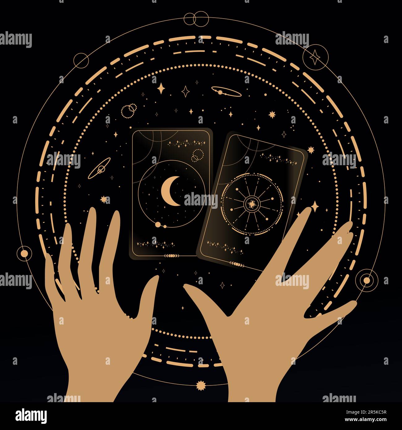Divination Tarot cards on black background. Tarot symbolism. Mystery