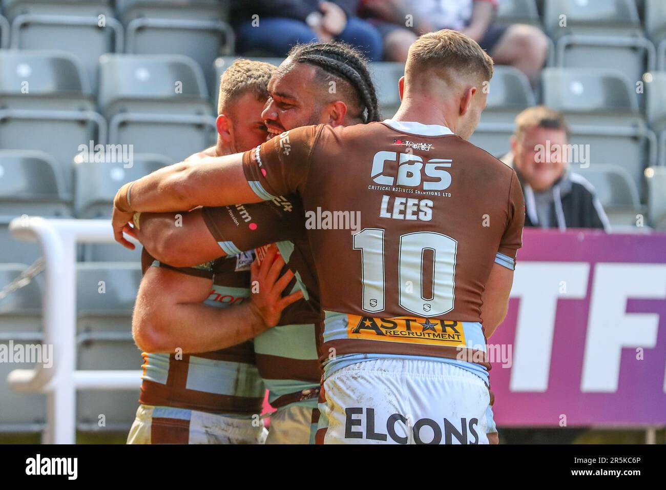 Joey Lussick #14 of St Helens celebrates his try to make it 46-6 during the Magic Weekend match St Helens vs Huddersfield Giants at St. James's Park, Newcastle, United Kingdom, 4th June 2023  (Photo by Gareth Evans/News Images) Stock Photo