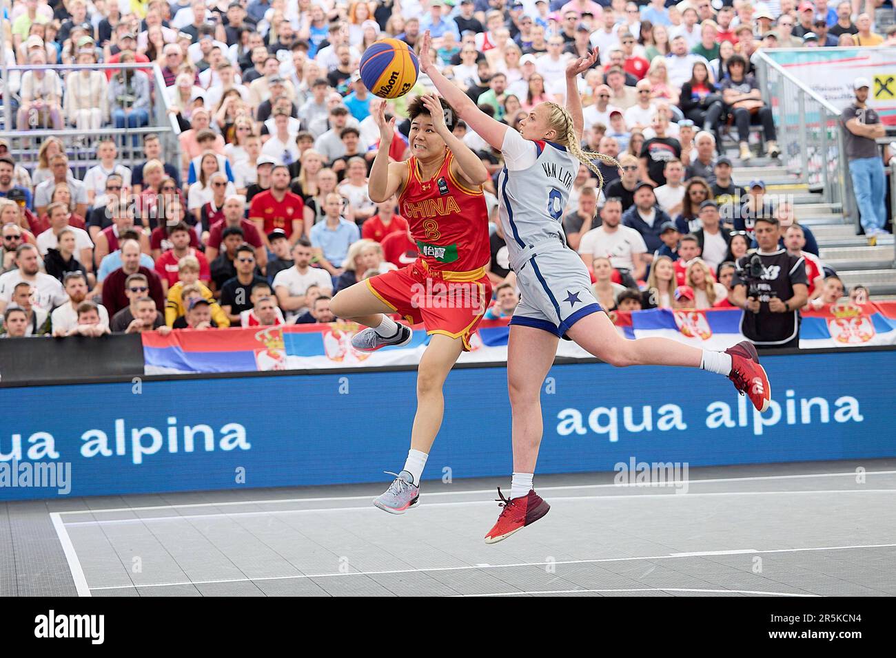 Vienna, Austria. 4th June, 2023. Hailey Van Lith (R) of the United States blocks Zhang Yi of China during the FIBA 3X3 World Cup women's semifinal match between China and the United States in Vienna, Austria, June 4, 2023. Credit: Georges Schneider/Xinhua/Alamy Live News Stock Photo