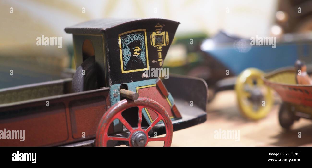 Vintage toy Die cast with galvanized steel such as cars trains. Nostalgic antique metal iron collection of old toy cars. children toys in the past. Ol Stock Photo