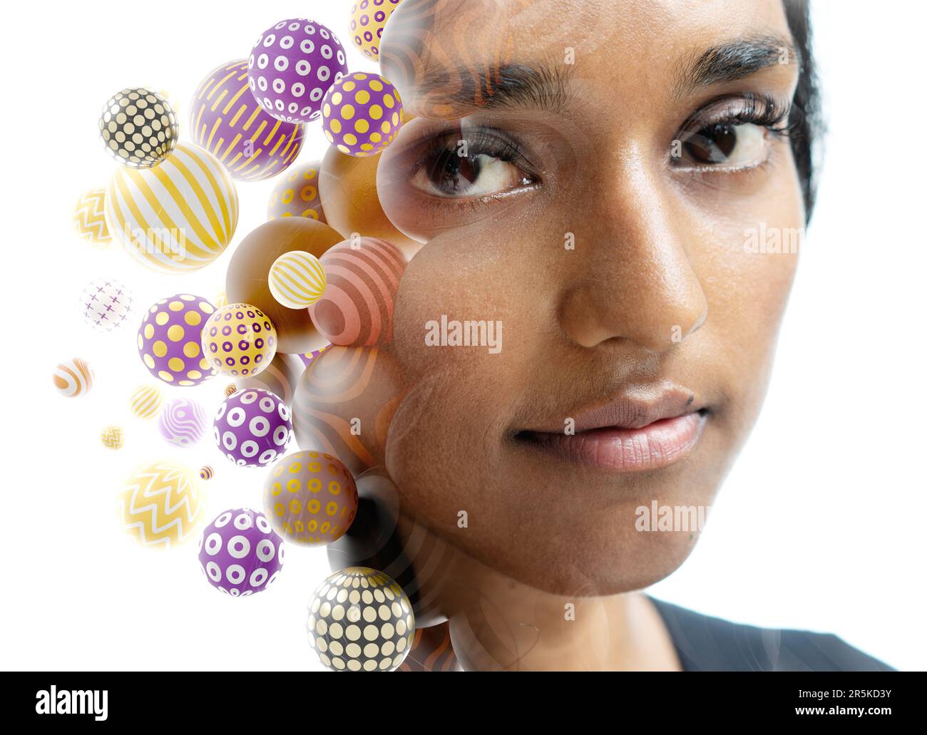 Double exposure portrait of a young woman combined with 3D spheres Stock Photo