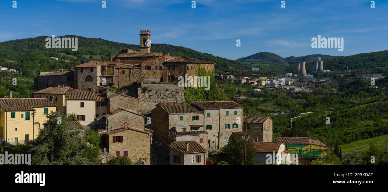 Panoramic view of the town of Larderello and the geothermal power station for the production of electricity , Pisa, Italy Stock Photo