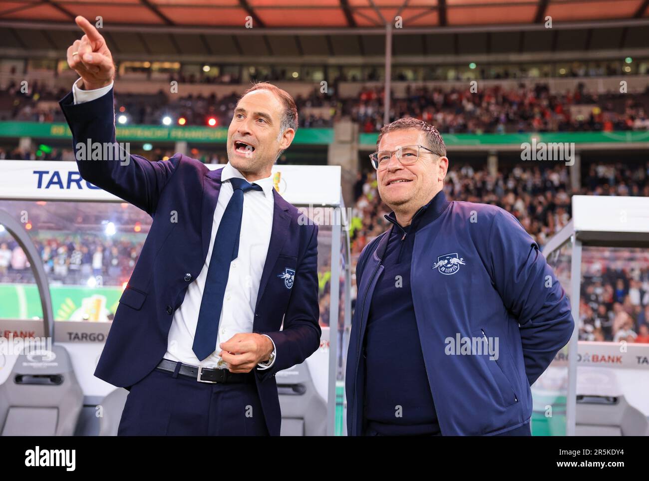 Berlin, Germany. 03rd June, 2023. Soccer: DFB Cup, final, RB Leipzig - Eintracht Frankfurt at the Olympiastadion. Leipzig's Oliver Mintzlaff (l), Managing Director Red Bull, and Max Eberl, Managing Director Sport, talk after the match. Credit: Jan Woitas/dpa - IMPORTANT NOTE: In accordance with the requirements of the DFL Deutsche Fußball Liga and the DFB Deutscher Fußball-Bund, it is prohibited to use or have used photographs taken in the stadium and/or of the match in the form of sequence pictures and/or video-like photo series./dpa/Alamy Live News Stock Photo