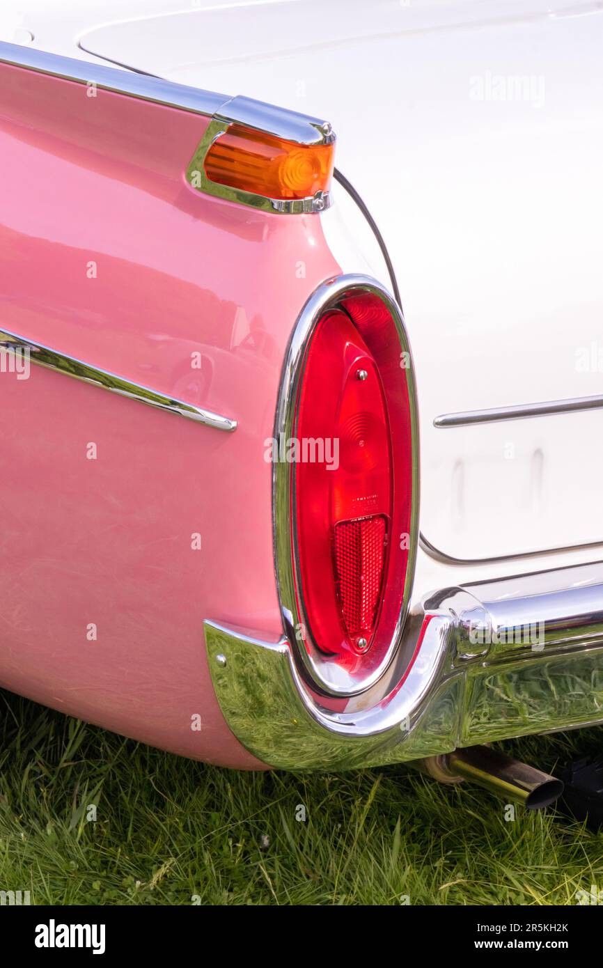 rear wing lights of 1950s vintage classic pink vauxhall cresta at vintage classic car show Capesthorne Hall Cheshire UK 2023 Stock Photo