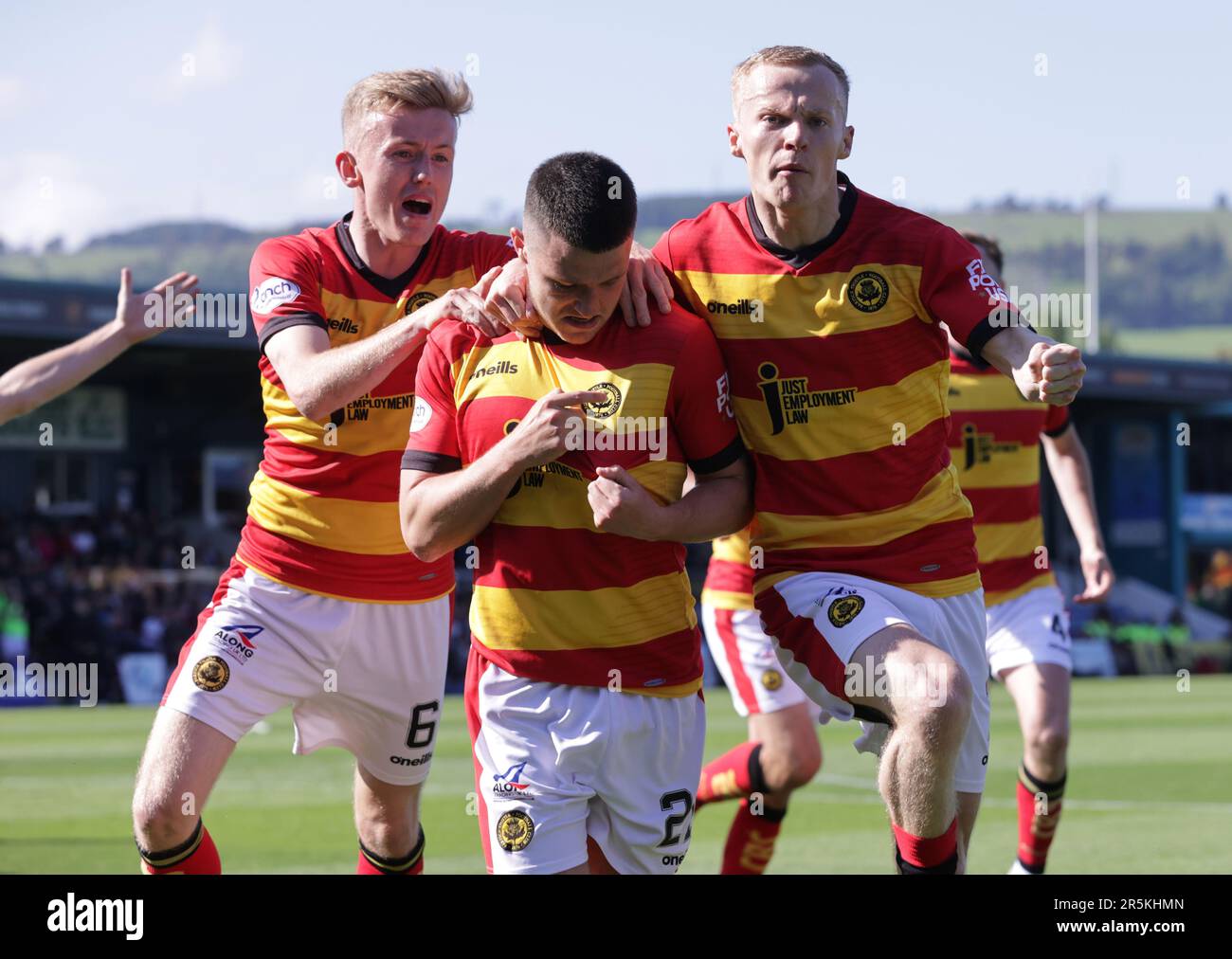 Partick Thistle's Aidan Fitzpatrick (centre) celebrates scoring their side's first goal of the game during the cinch Premiership second leg play-off final match at the Global Energy Stadium, Dingwall. Picture date: Sunday June 4, 2023. Stock Photo