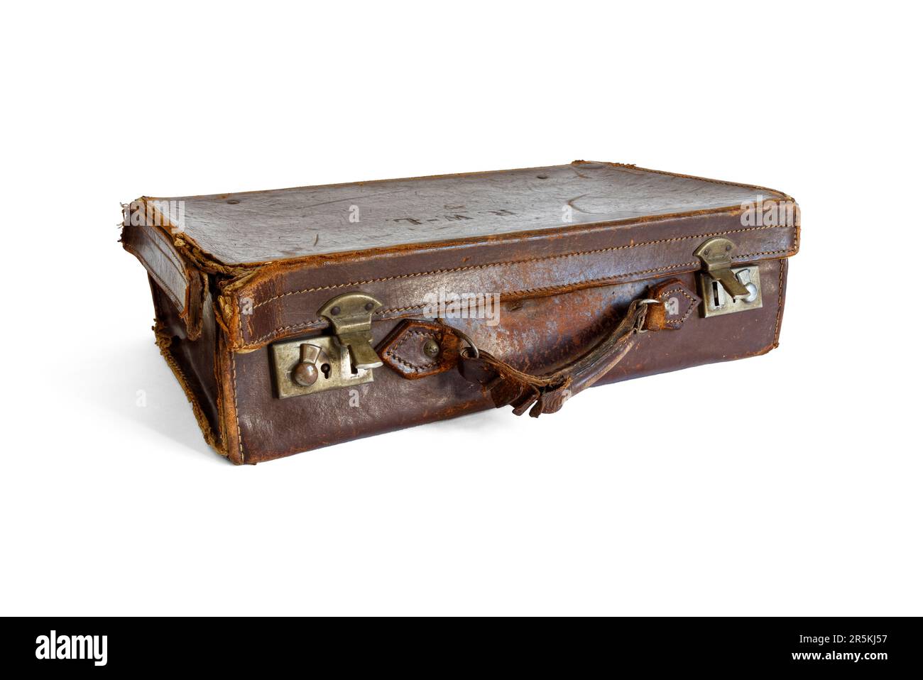 Old Fashioned Round Leather Suitcase Stock Photo - Download Image