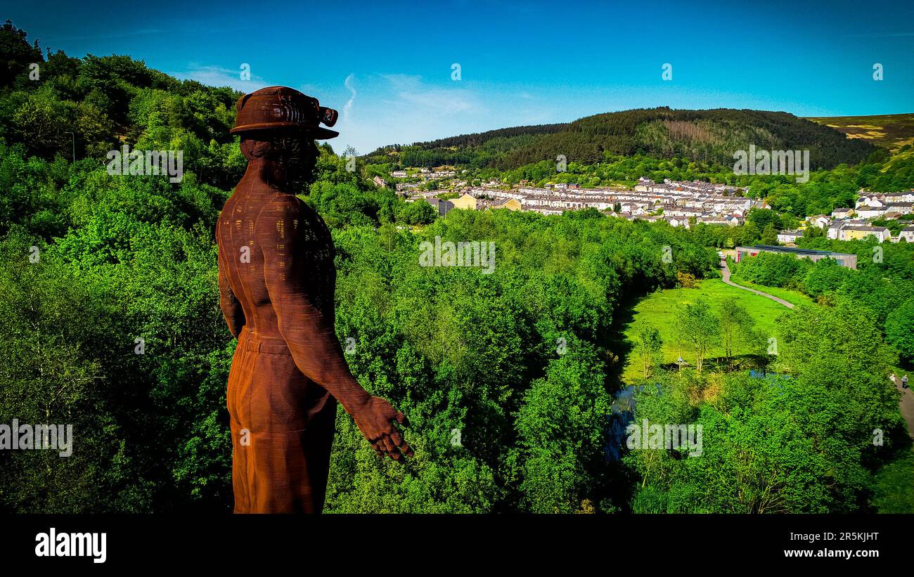 The Guardian of the Valleys was designed by artist Sebastien Boyesen and is a memorial to those killed in the Six Bells mining disaster of 1960. Stock Photo