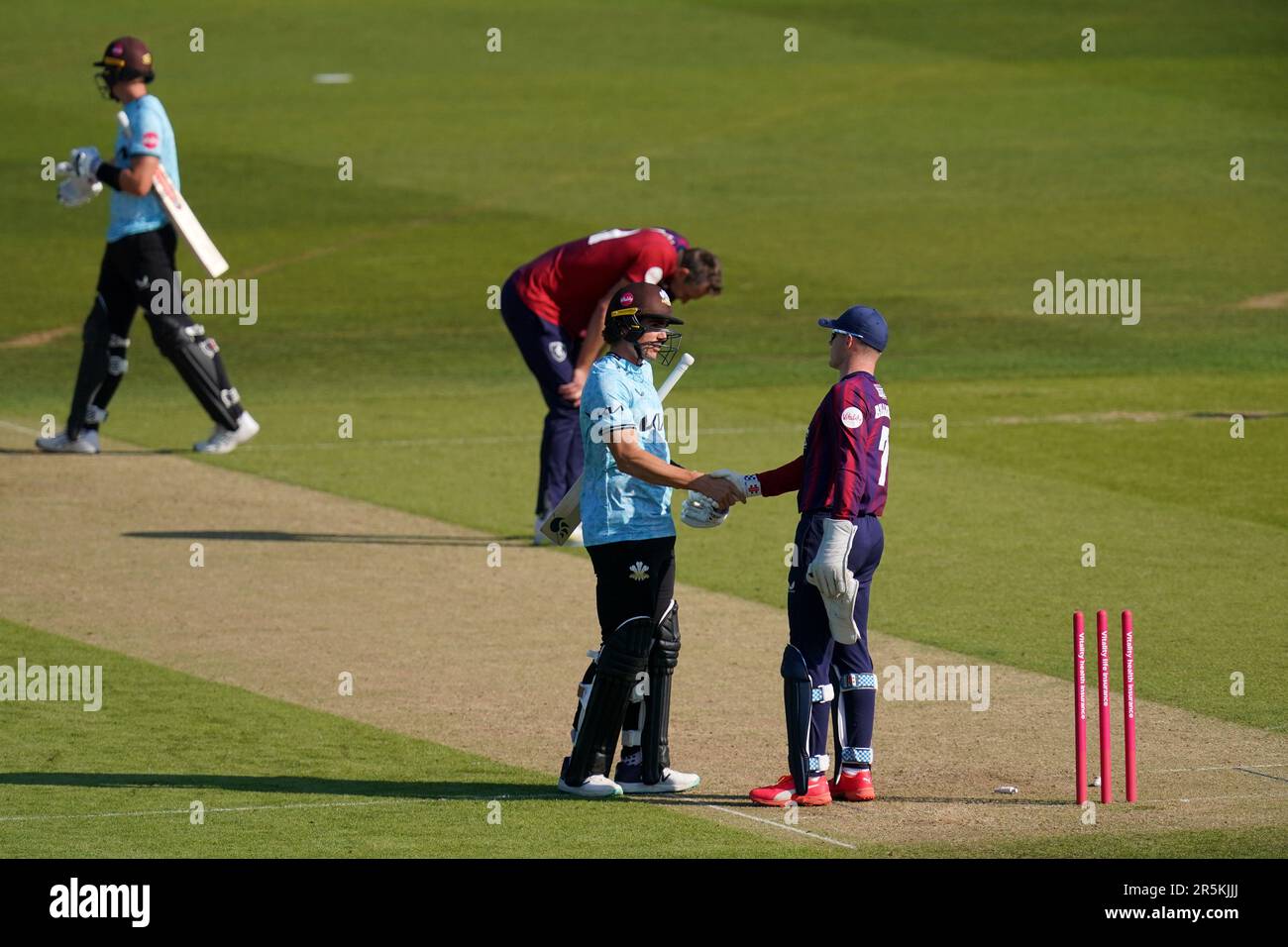 Surrey's Sean Abbott congratulated by Kent's Sam Billings following the Vitality Blast T20 match at The Spitfire Ground, Canterbury. Picture date: Sunday June 4, 2023. Stock Photo