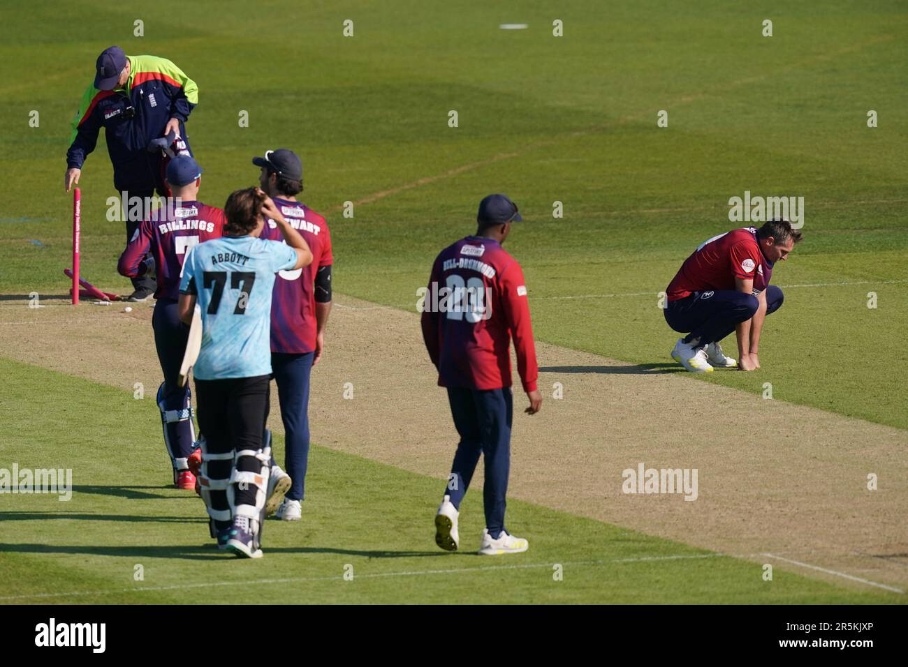 Kent's Michael Hogan (right) dejected following the Vitality Blast T20 match at The Spitfire Ground, Canterbury. Picture date: Sunday June 4, 2023. Stock Photo
