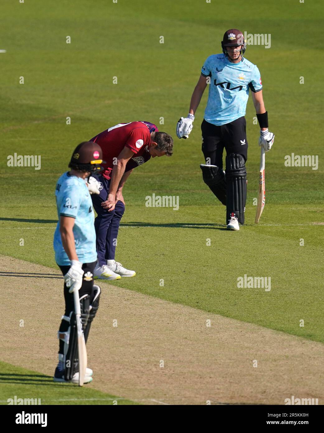 Kent's Michael Hogan (centre) dejected following the Vitality Blast T20 match at The Spitfire Ground, Canterbury. Picture date: Sunday June 4, 2023. Stock Photo