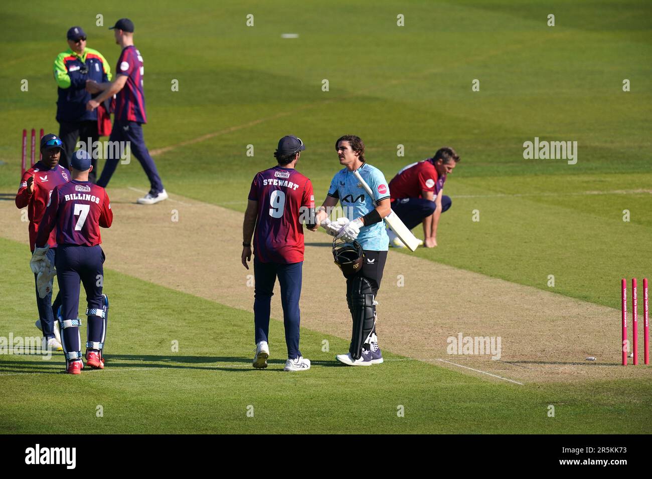 Kent's Grant Stewart greets Surrey's Sean Abbott following the Vitality Blast T20 match at The Spitfire Ground, Canterbury. Picture date: Sunday June 4, 2023. Stock Photo