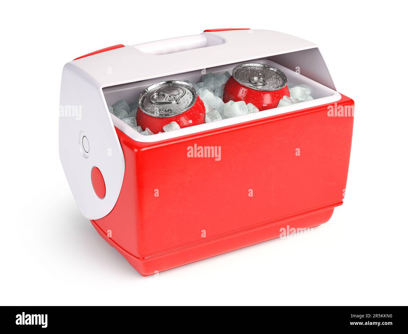 Plastic cool box  or small cooler with a beer cans or soda drinks in ice isolated on white. 3d illustration Stock Photo