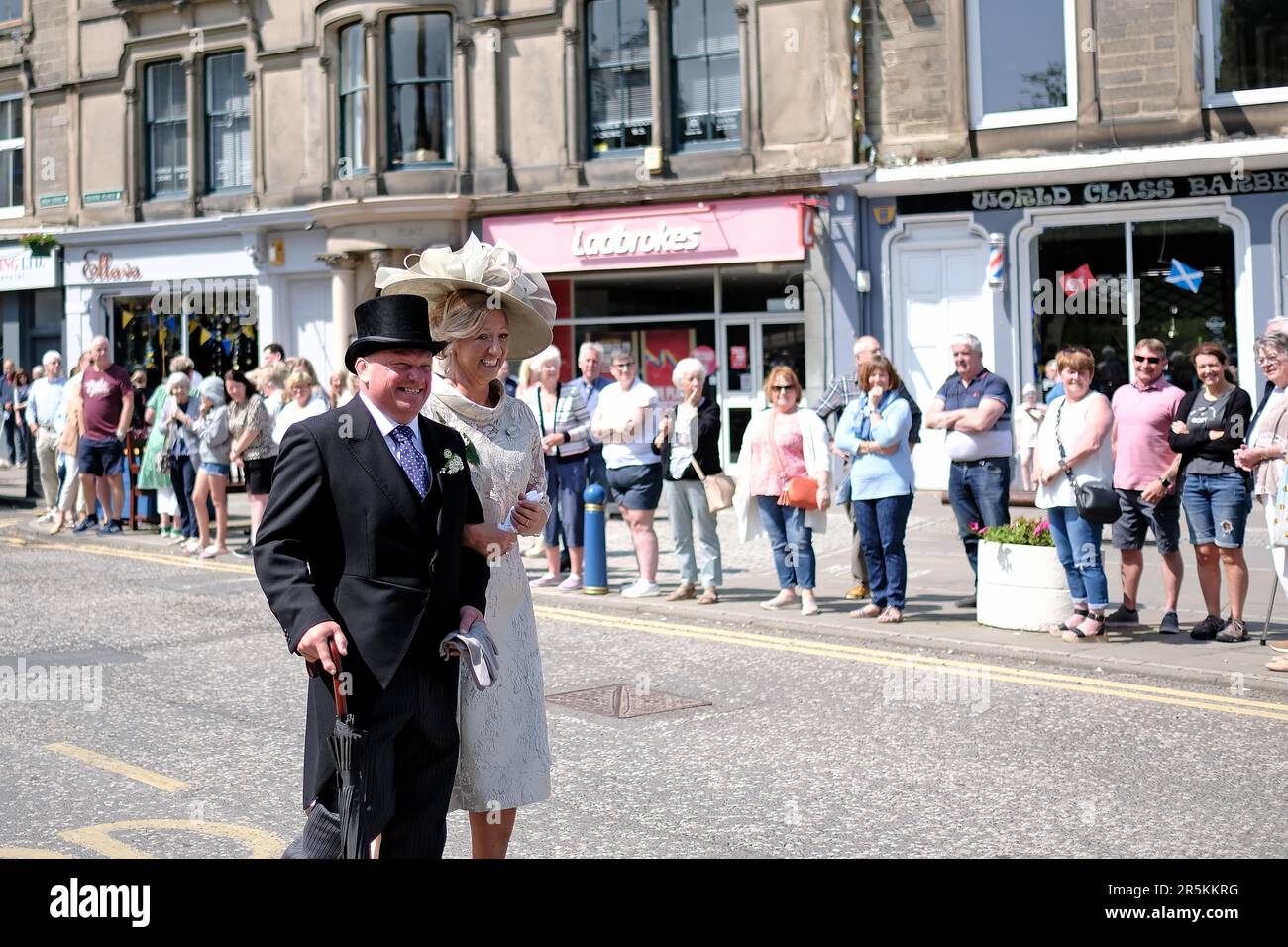 Hawick, UK. 04th June, 2023. Kirkin Ô the Doug Waldie and Sharon
