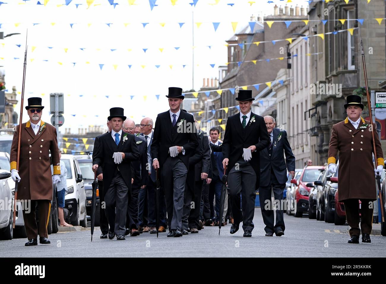 Hawick, UK. 04th June, 2023. Kirkin Ô the Halberdiers flank the (3rdfromleft) LR