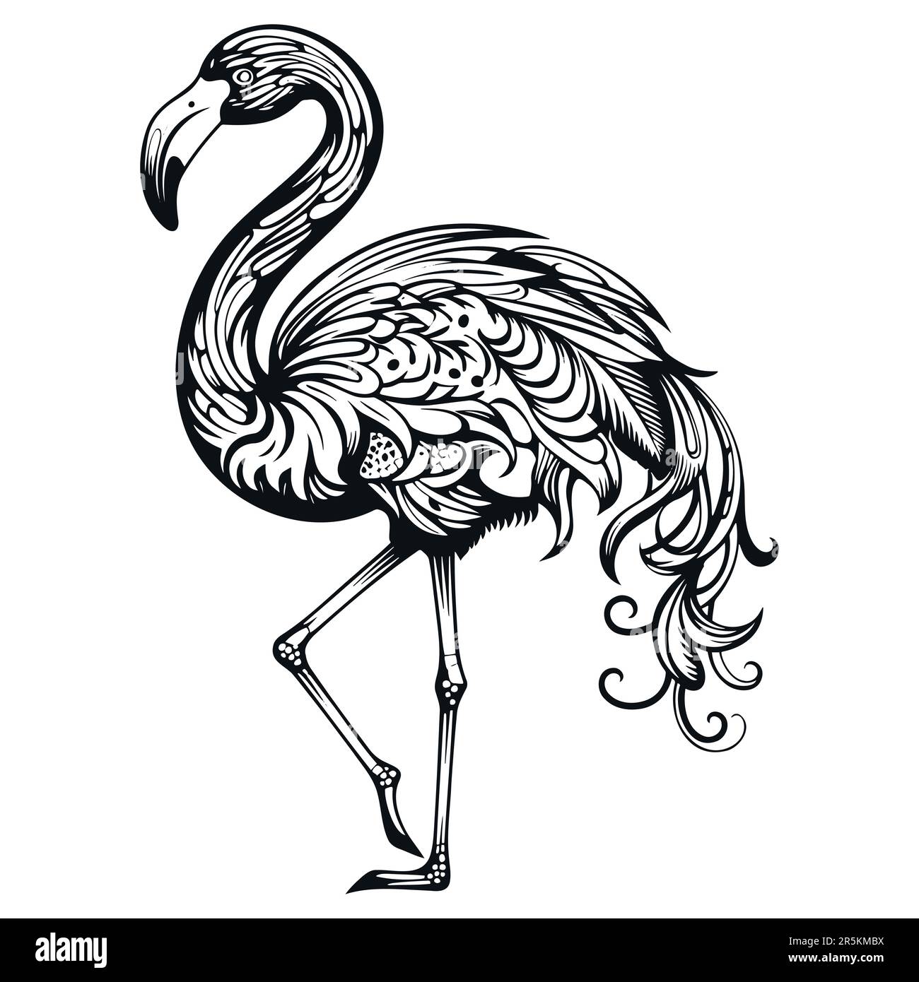 Silhouette of a black flamingo bird, drawn on a white background