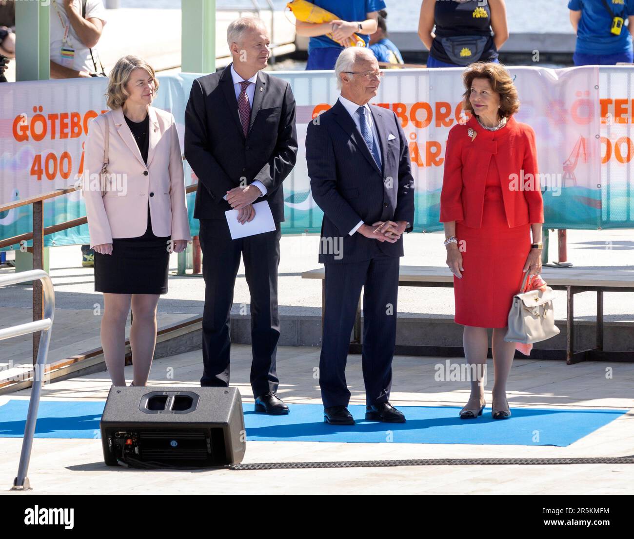 GOTHENBURG 2023-06-04 King Carl Gustaf and Queen Silvia and Governor Sten Tolgfors with partner Karin Larsson at the inauguration of the Jubileumsbade Stock Photo