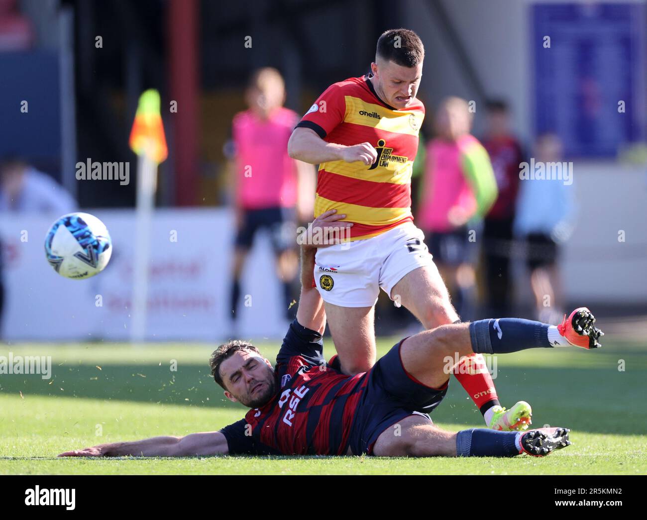 Ross County's Connor Randall challenges Partick Thistle's Jack McMillan during the cinch Premiership second leg play-off final match at the Global Energy Stadium, Dingwall. Picture date: Sunday June 4, 2023. Stock Photo