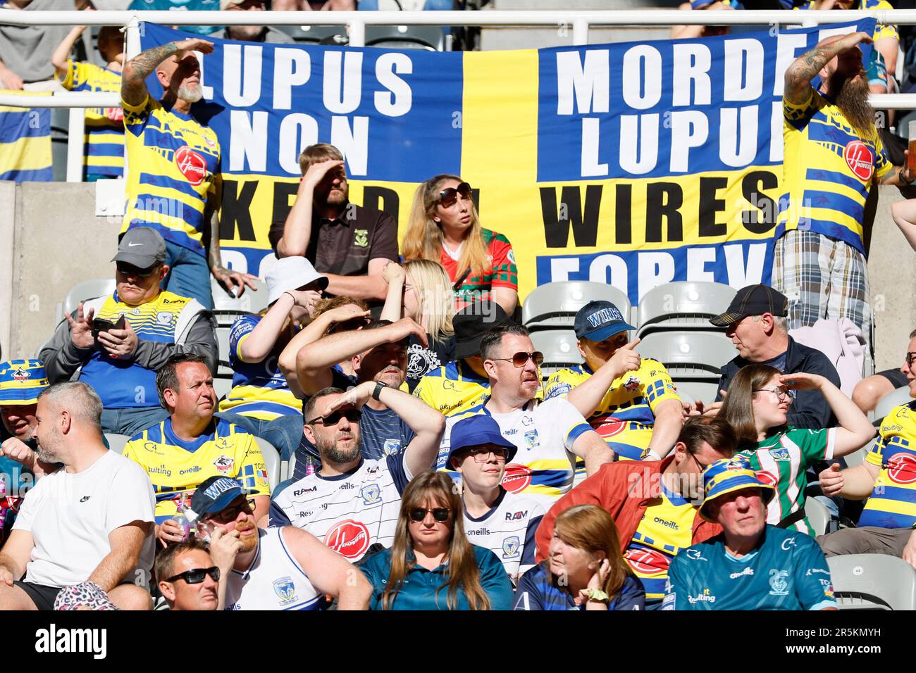 Warrington Wolves fans look into the sun during the Betfred Super League match at St. James' Park, Newcastle upon Tyne. Picture date: Sunday June 4, 2023. Stock Photo
