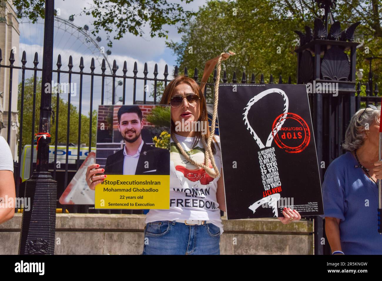 London, UK. 3rd June 2023. British-Iranians gathered outside Downing Street in protest against the executions in Iran. Stock Photo