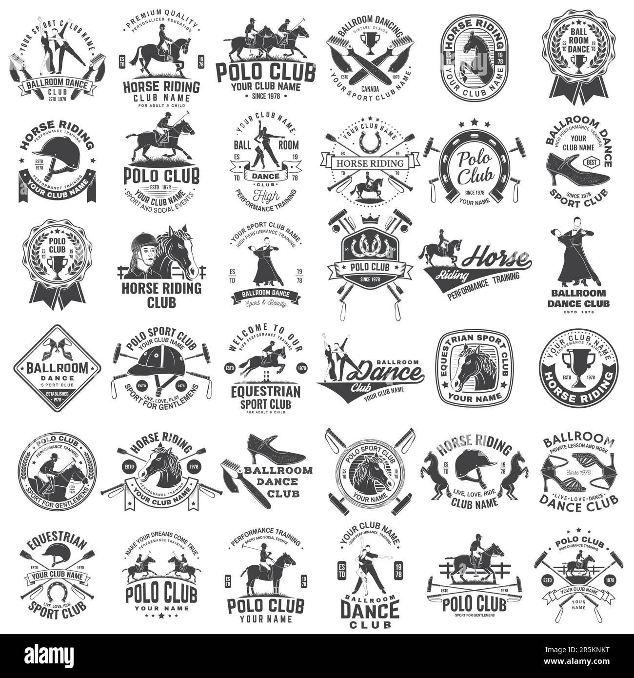 Set of Ballroom dance, polo and horse riding club sport club logos