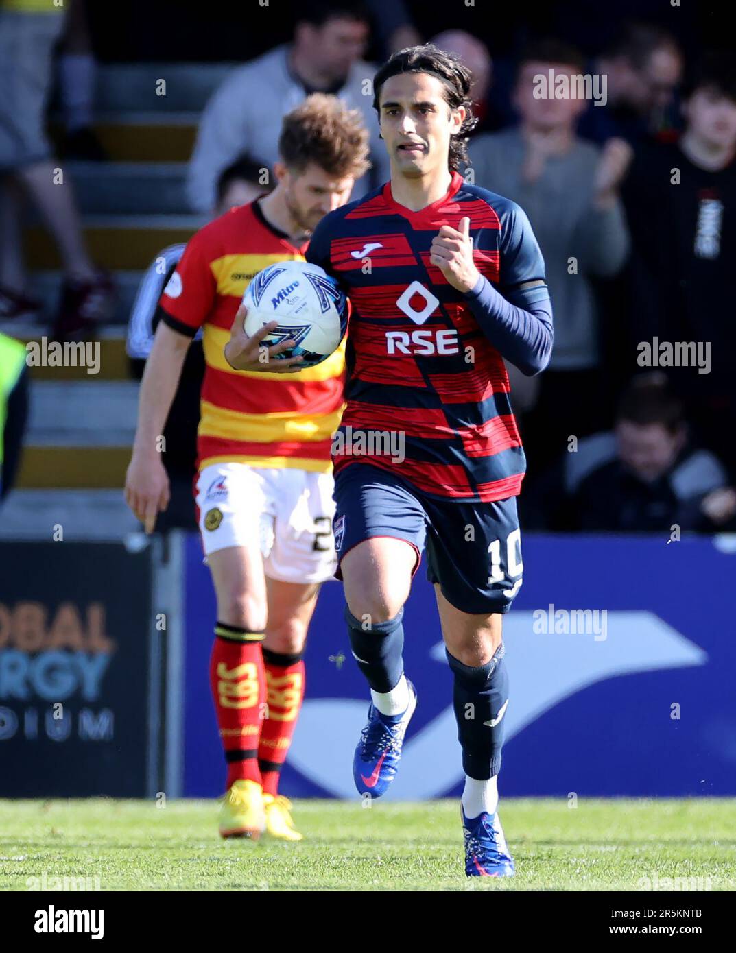 Ross County's Yan Dhanda celebrates scoring their side's first goal of the game from a penalty during the cinch Premiership second leg play-off final match at the Global Energy Stadium, Dingwall. Picture date: Sunday June 4, 2023. Stock Photo