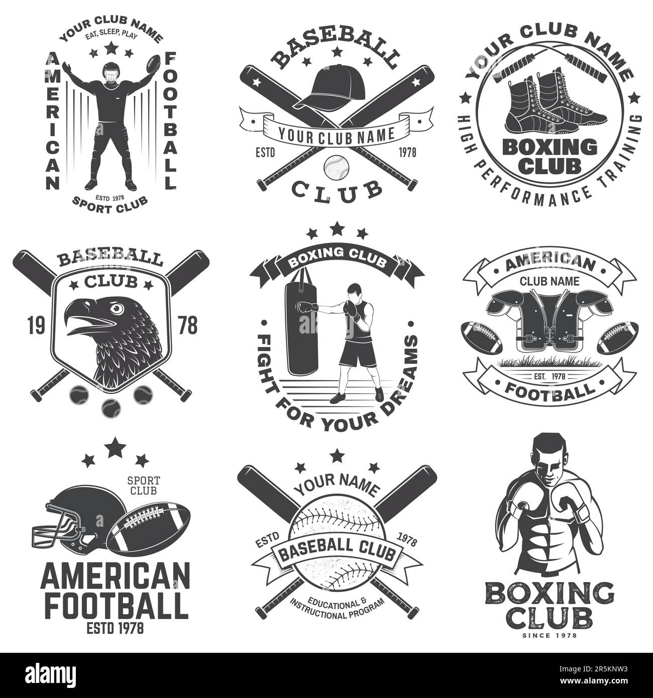 Set of boxing, american football and baseball club badge. Vector for shirt, logo, print, stamp. Vintage design with boxer, gloves, boxing jump rope Stock Vector
