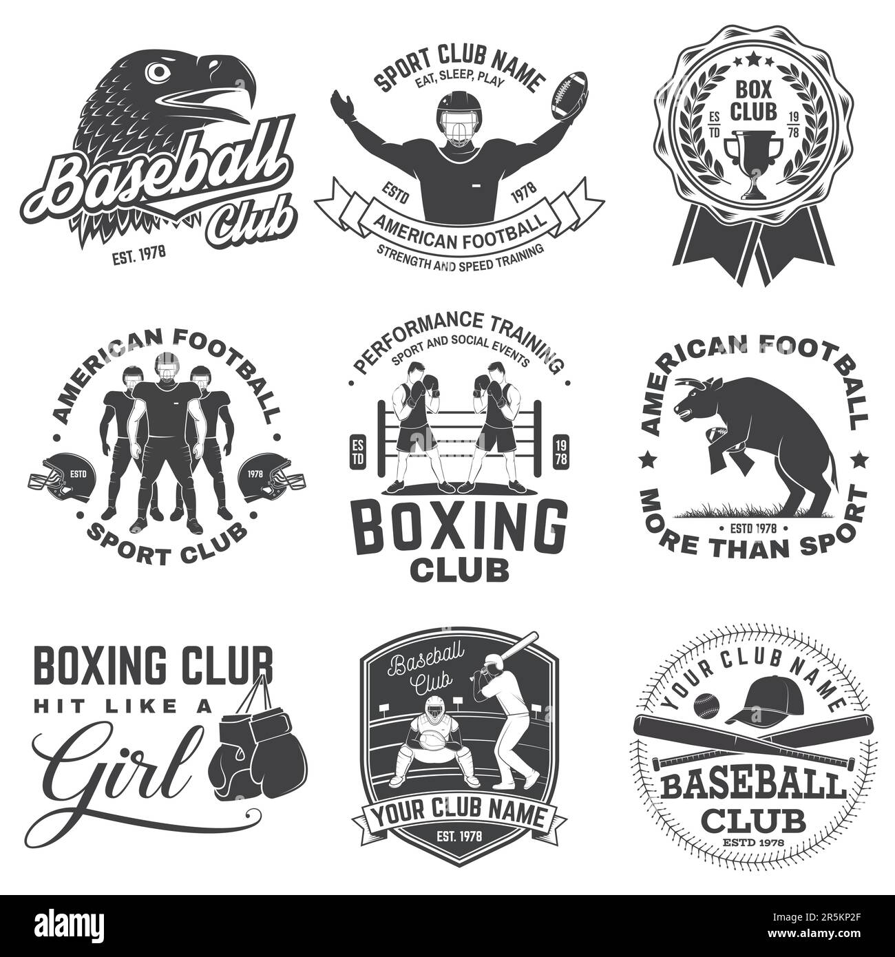 Set of boxing, american football and baseball club badge. Vector for shirt, logo, print, stamp. Vintage design with boxer, gloves, boxing jump rope Stock Vector