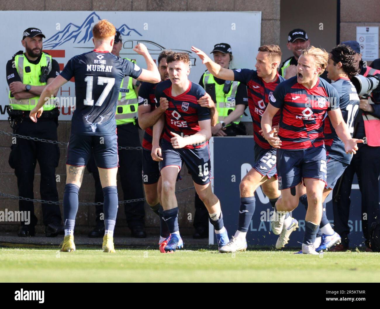 Ross County's George Harmon (centre) celebrates scoring their side's third goal of the game during the cinch Premiership second leg play-off final match at the Global Energy Stadium, Dingwall. Picture date: Sunday June 4, 2023. Stock Photo