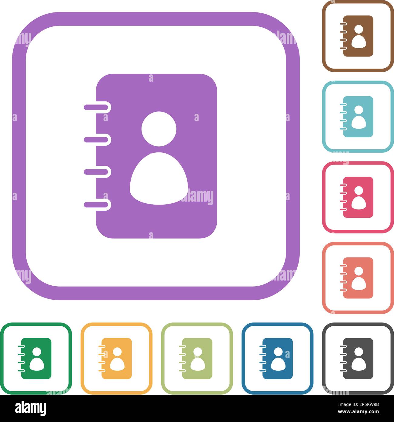 Spiral contact book solid simple icons in color rounded square frames on white background Stock Vector