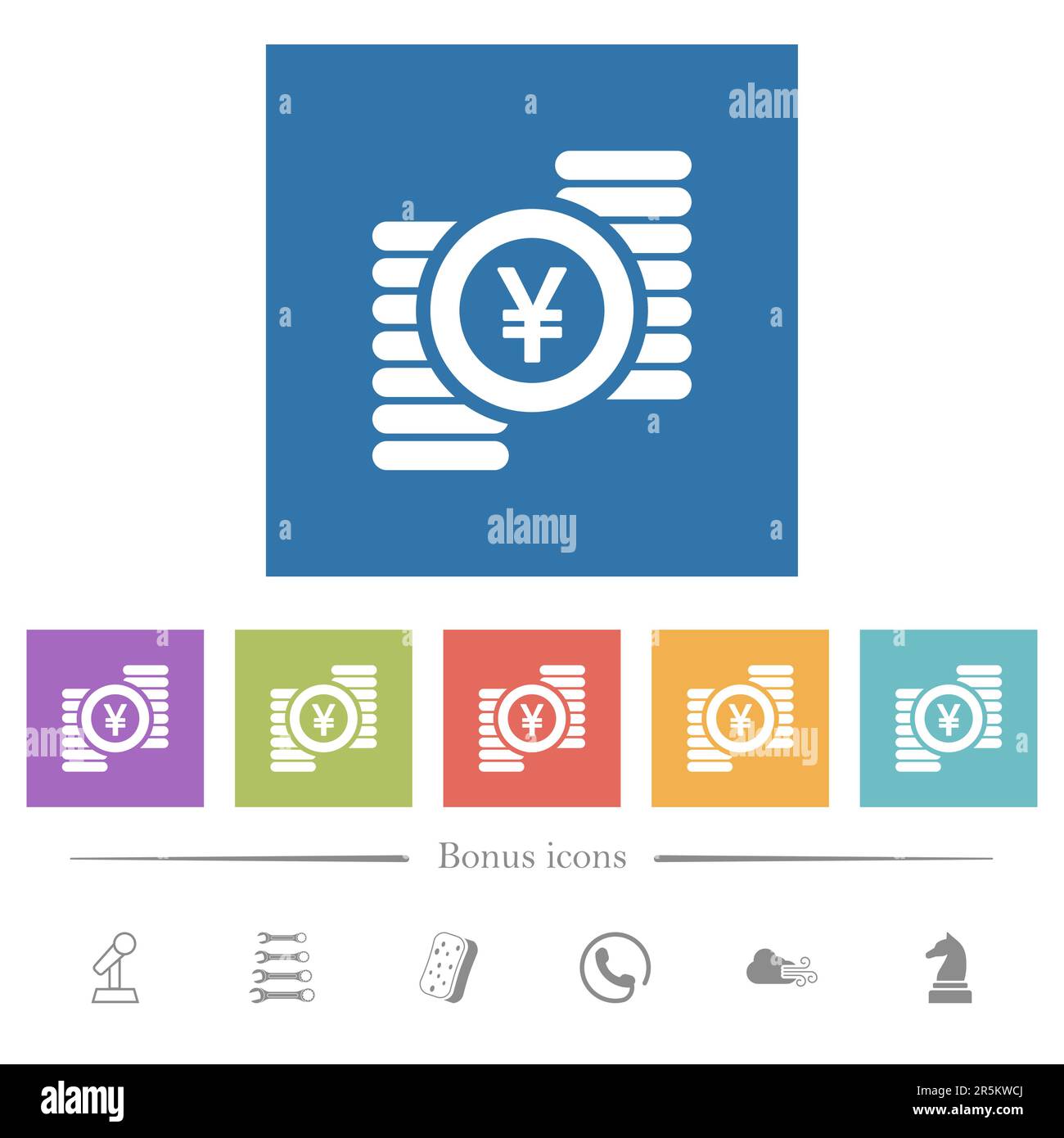 Yen coins flat white icons in square backgrounds. 6 bonus icons ...