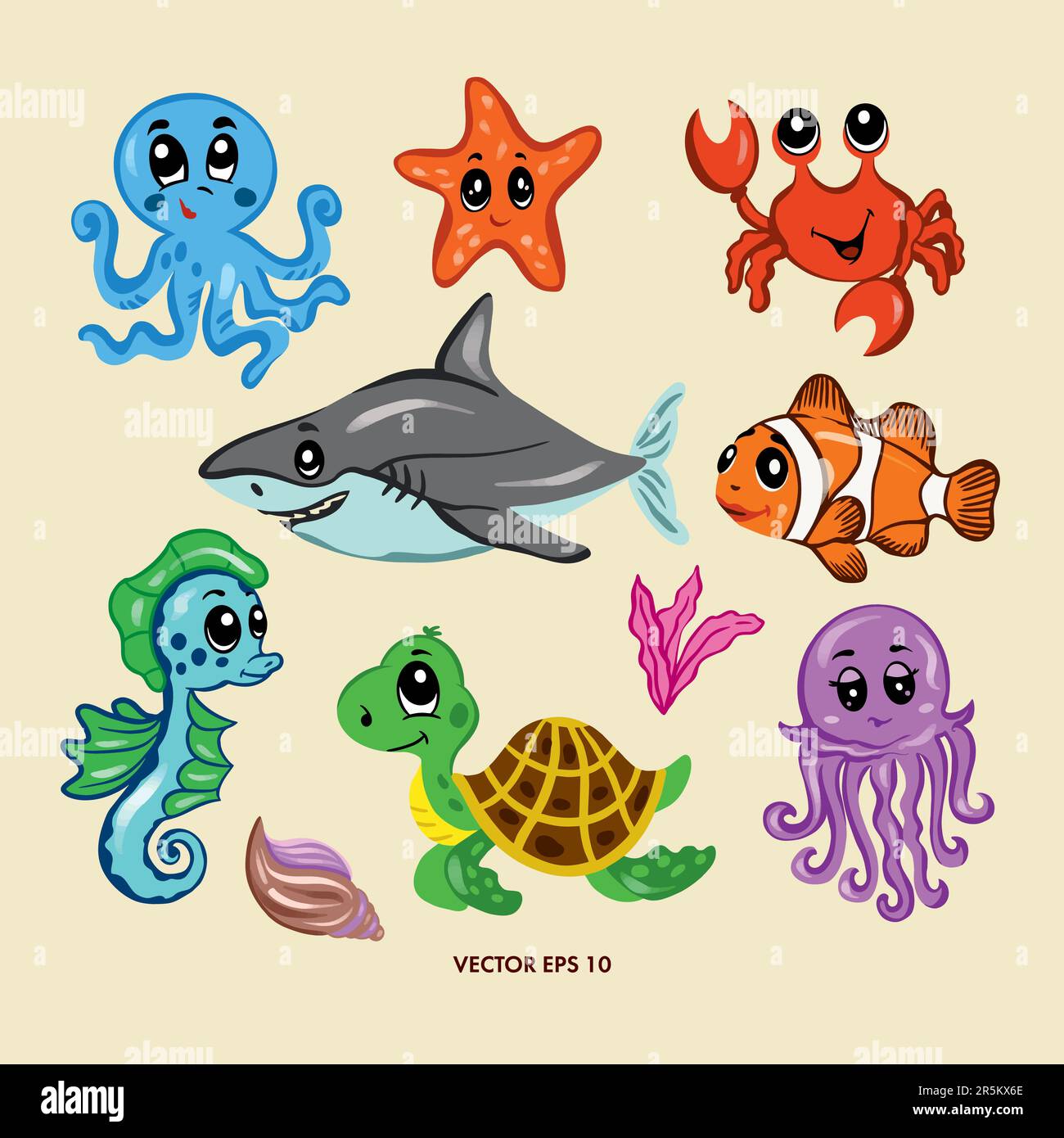 Vector set of sea animals. Octopus, crab, shark, jellyfish, starfish, seahorse, turtle, fish. Covers, greeting cards, banners, wall decor. Stock Vector