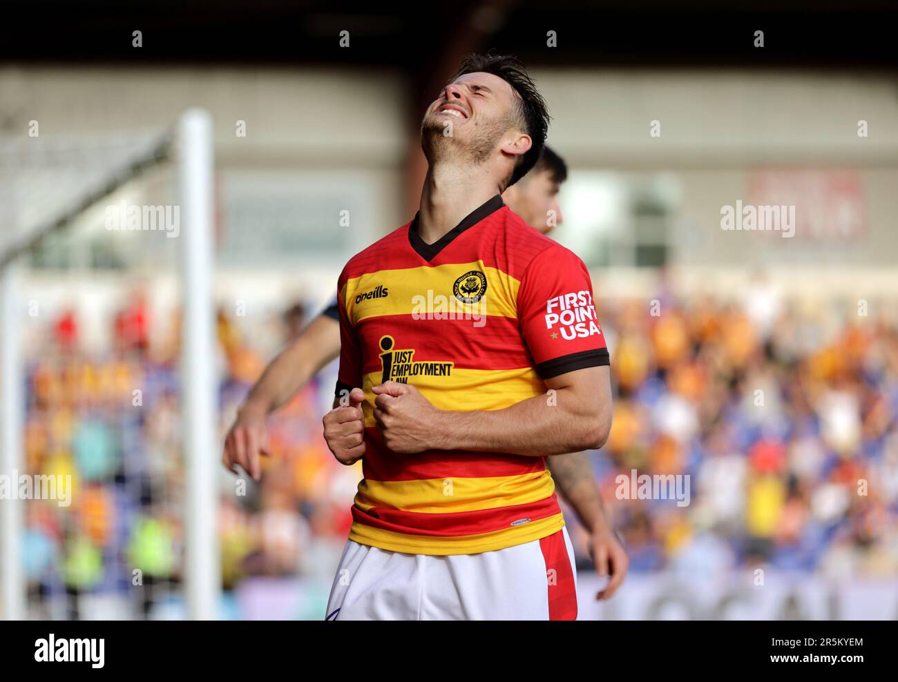 Partick Thistle's Daniel Mullen reacts to a missed chance during extra time in the cinch Premiership second leg play-off final match at the Global Energy Stadium, Dingwall. Picture date: Sunday June 4, 2023. Stock Photo