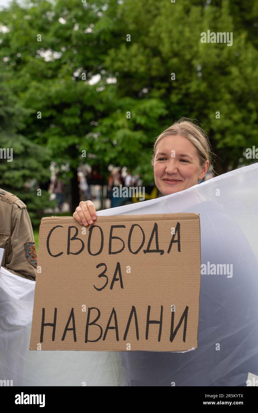 Opposition-minded Russians at a meeting in support of Alexei Navalny in Sofia, Bulgaria Stock Photo