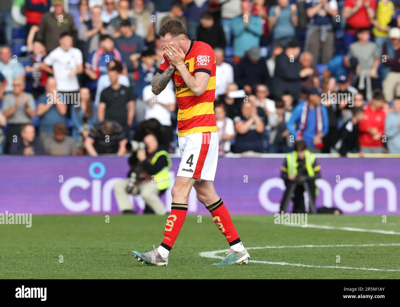 Partick Thistle's Kevin Holt reacts to missing his penalty in the shoot-out following the cinch Premiership second leg play-off final match at the Global Energy Stadium, Dingwall. Picture date: Sunday June 4, 2023. Stock Photo