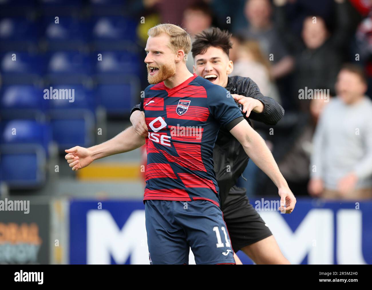 Ross County's Josh Sims celebrates scoring the winning penalty in the shoot-out following during the cinch Premiership second leg play-off final match at the Global Energy Stadium, Dingwall. Picture date: Sunday June 4, 2023. Stock Photo