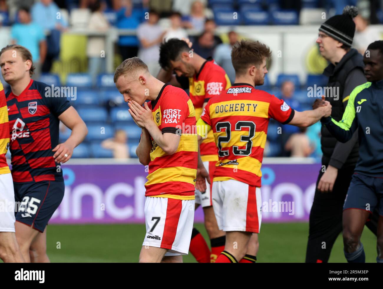 Partick Thistle's Scott Tiffoney (centre) dejected following the cinch Premiership second leg play-off final match at the Global Energy Stadium, Dingwall. Picture date: Sunday June 4, 2023. Stock Photo