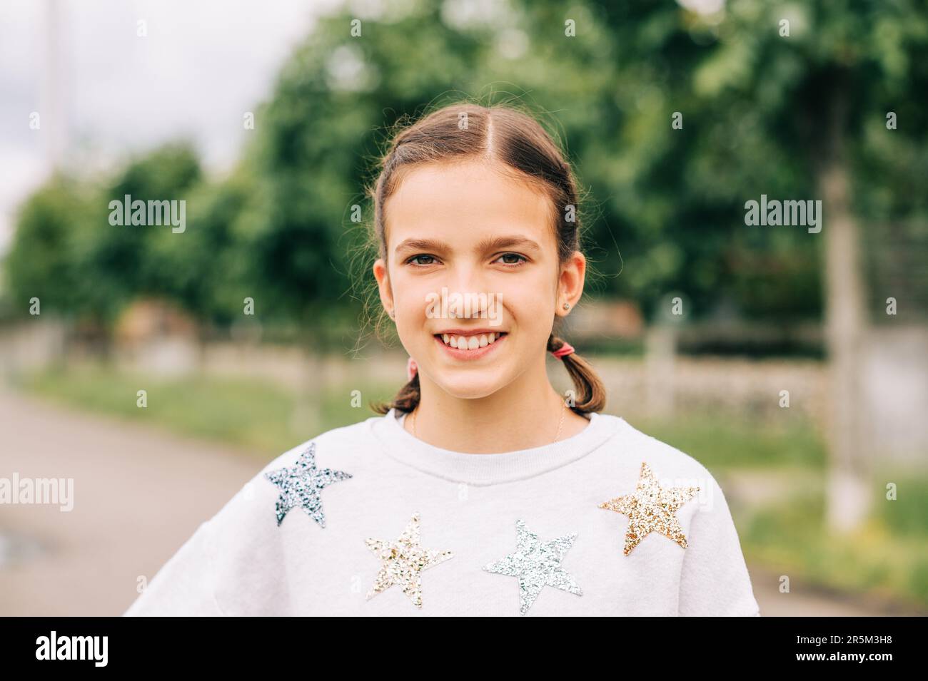 Outdoor Fashion Portrait Of Cute Preteen 10 Year Old Kid Girl