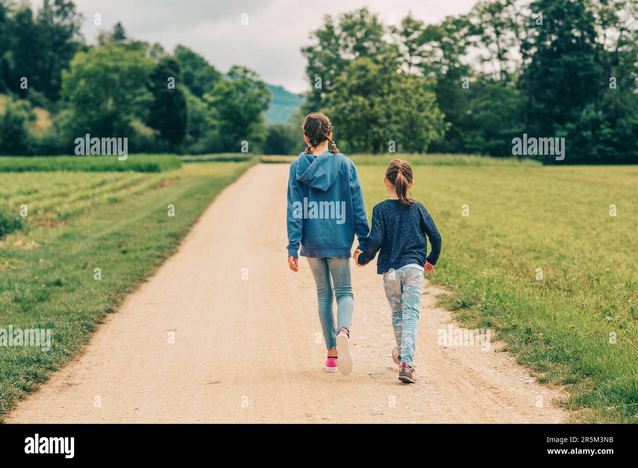 Two little girls walking in fields, happy childhood in countryside, kids spending time in the nature, back view Stock Photo