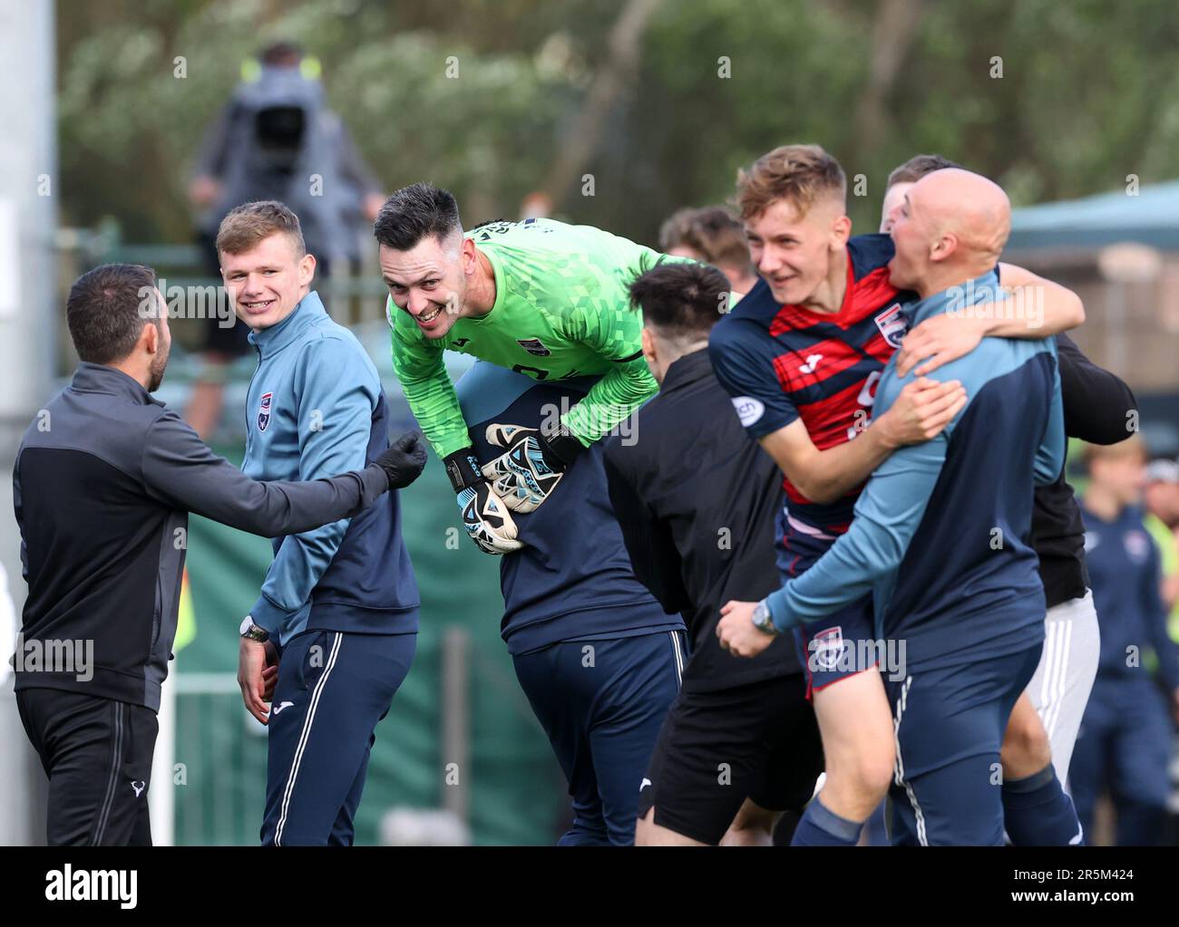 Ross County goalkeeper Ross Laidlaw celebrates following the cinch Premiership second leg play-off final match at the Global Energy Stadium, Dingwall. Picture date: Sunday June 4, 2023. Stock Photo
