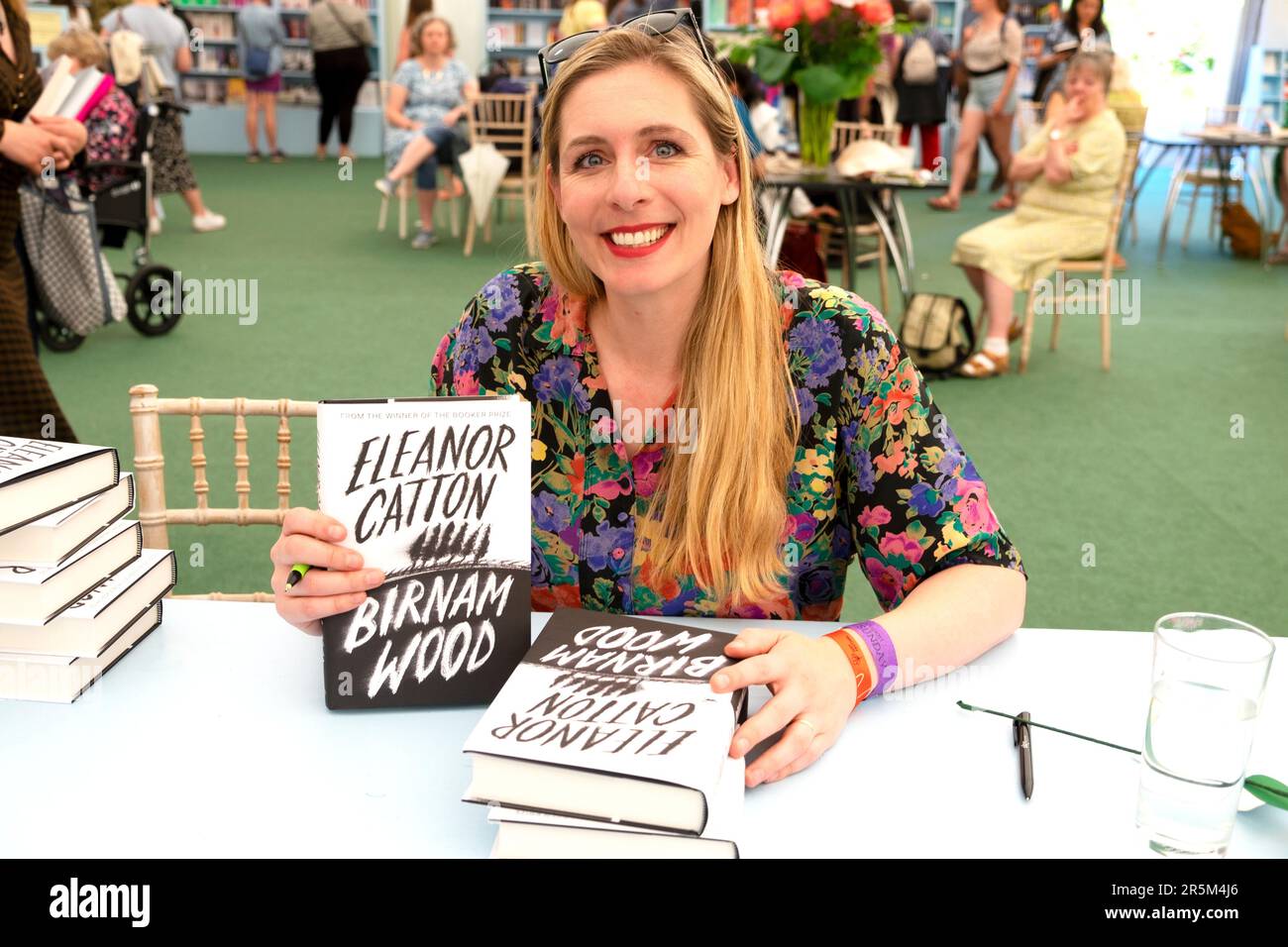 Authort Eleanor Catton  holding  Birnam Wood book signing at the Hay Festival 2023 in the bookshop at Hay-on-Wye Wales UK Great Britain KATHY DEWITT Stock Photo
