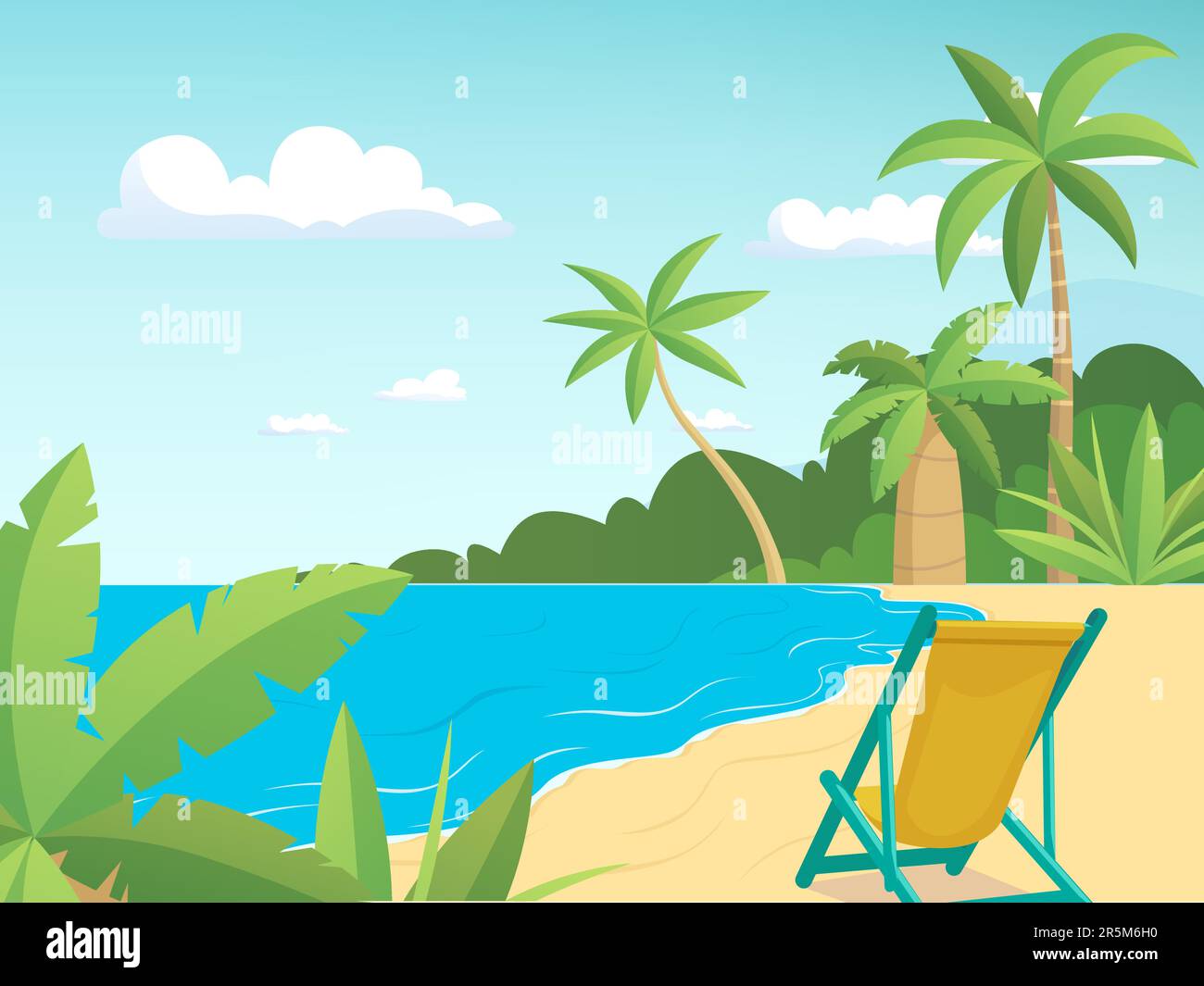 Summer beach. Relax time on the sea with palm trees. Vector clean ...