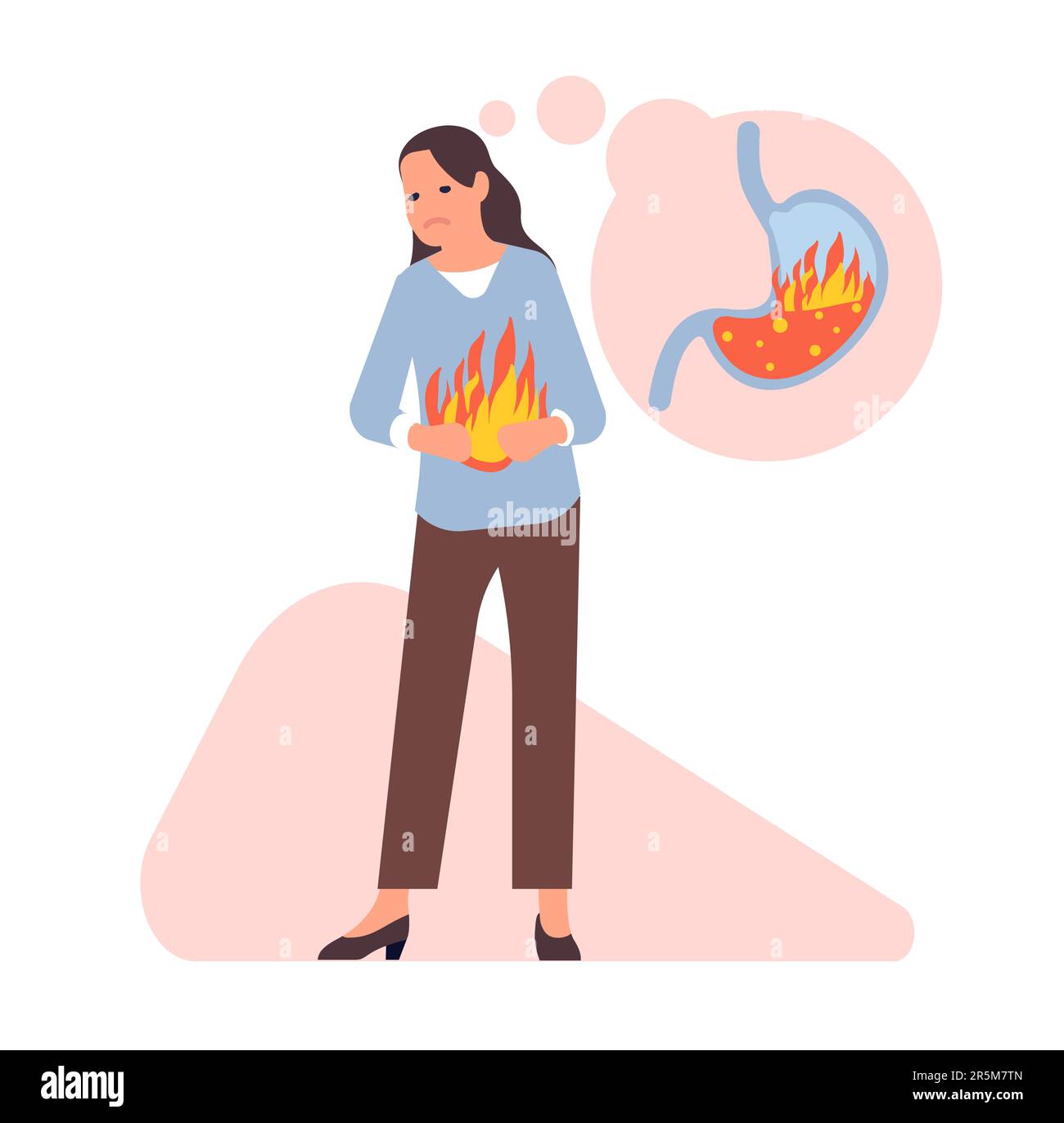 Young woman suffers from heartburn. Girl with digestive problem