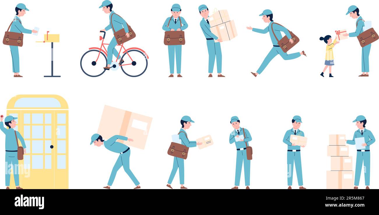 Postman in uniform with letters and parcels. Mail man delivery letter at home. Post social service profession, delivering recent vector characters Stock Vector