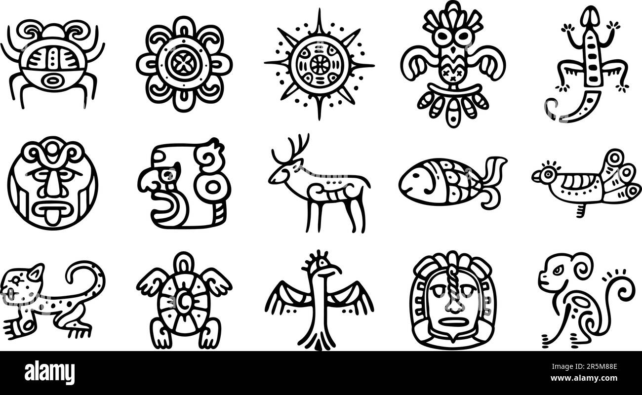 Black mayan totem symbols, ancient ethnic aztec logo. Mexican tribal graphic art, mythology and traditions. Prehistoric culture classy vector elements Stock Vector