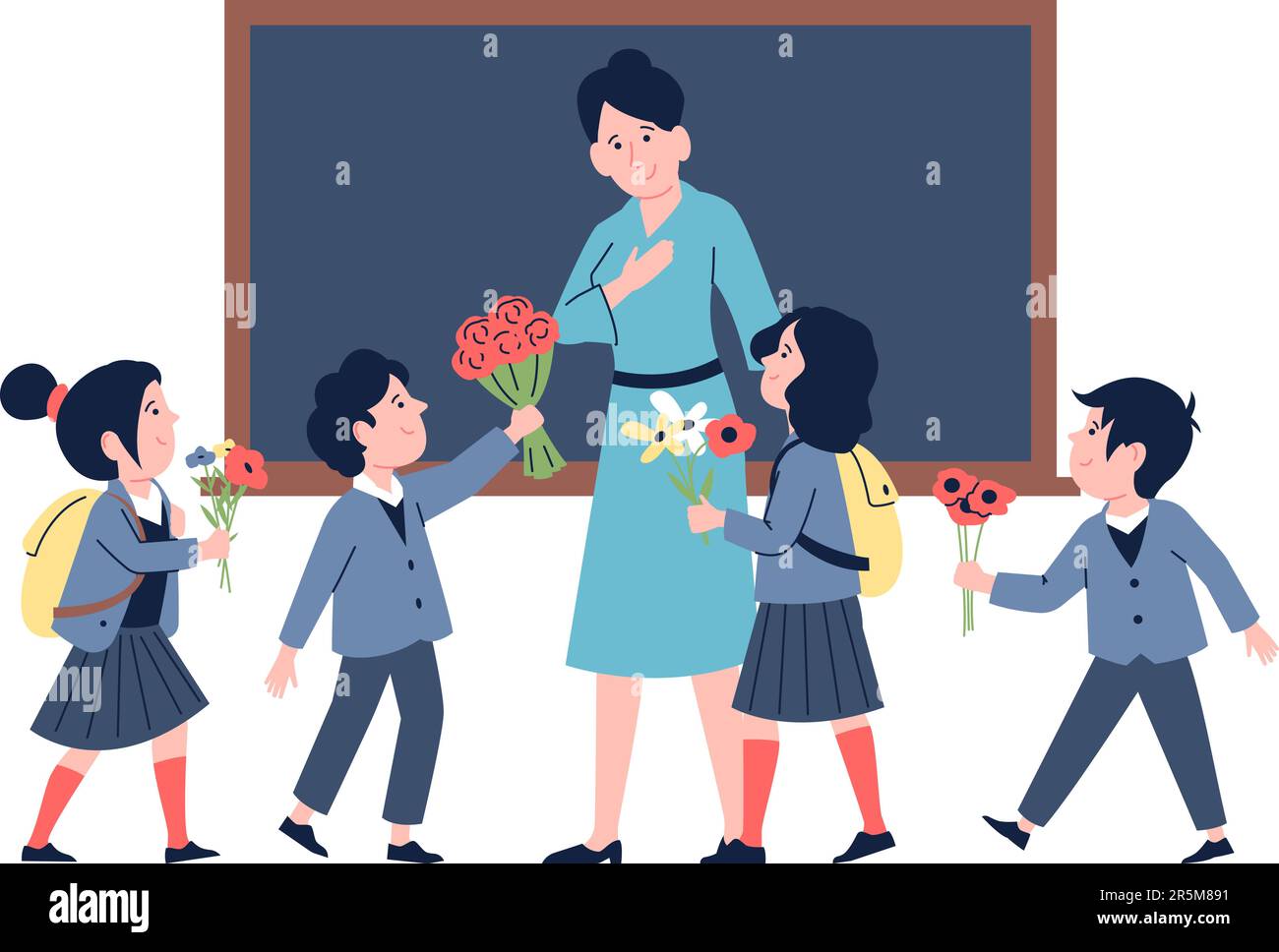 Teachers day scene. Students present professor flowers bouquets. Happy little kids, primary school characters. Professional holiday recent vector Stock Vector