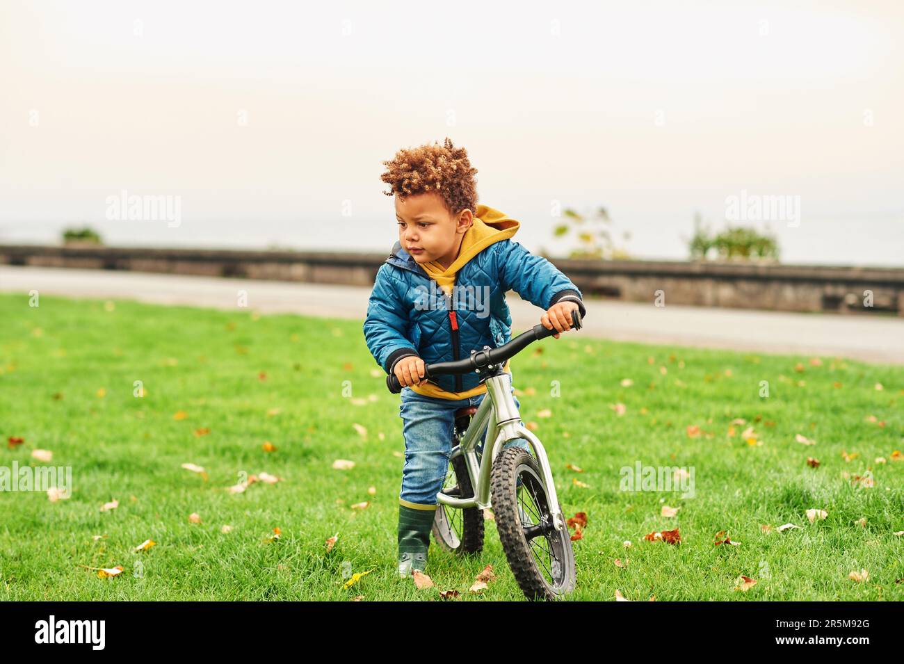 Funny toddler boy riding a bike in park, cute african kid having fun ...