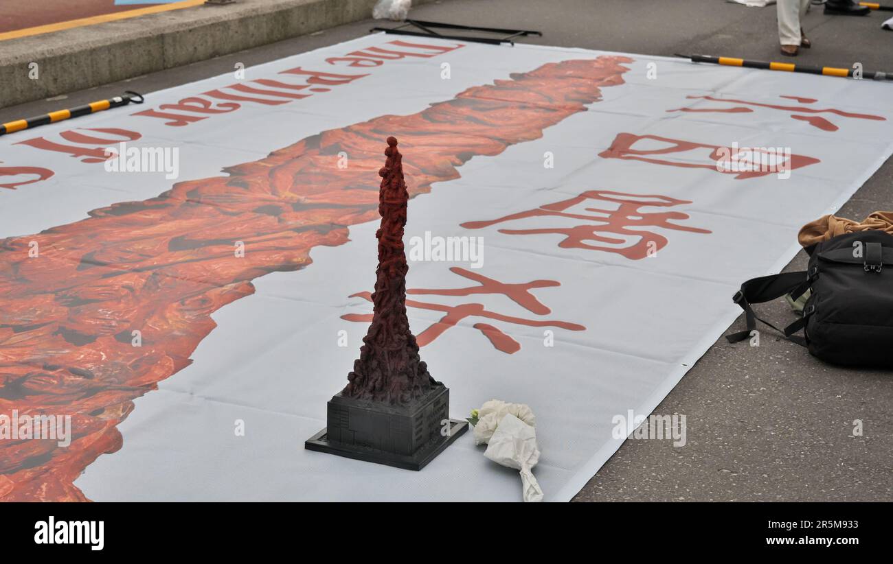 Tokyo, Japan. 04th June, 2023. Miniature model of 'Pillar of Shame' displayed during a rally to mark the 34th anniversary of the Chinese military crackdown on the pro-democracy movement in Beijing's Tiananmen Square near the Shinjuku station in Tokyo, Japan on Sunday, June 4, 2023. Photo by Keizo Mori/UPI Credit: UPI/Alamy Live News Stock Photo
