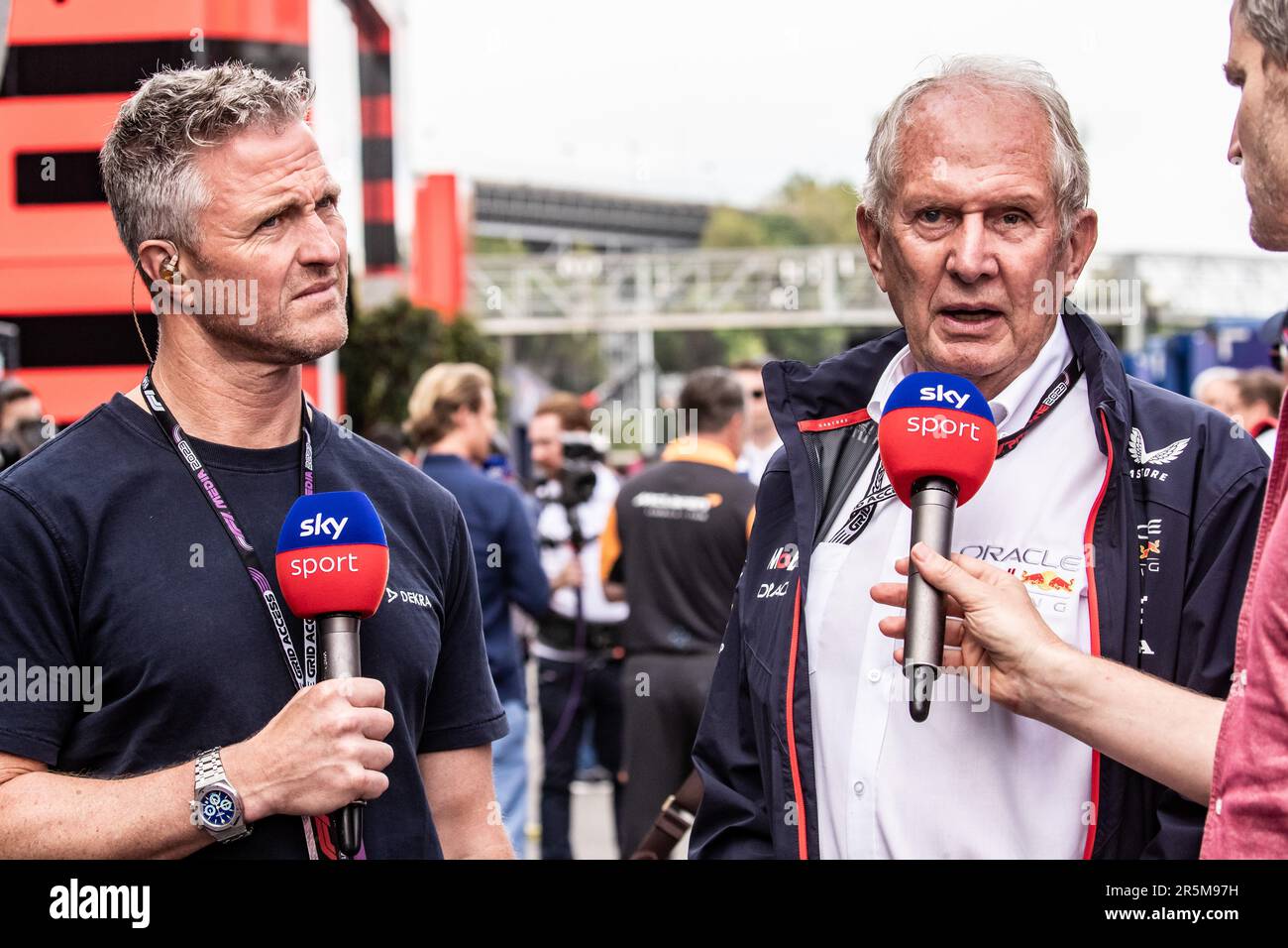 Barcelona, Spain. 03rd June, 2023. Barcelona, Spain, 3. June 2023; Ralf SCHUMACHER, former F1 pilot interviews Dr. Helmut MARKO for SKY TV during the FIA F1 World Championship. Formula 1 Grand Prix of Spain, Circuit de Catalunya near Montmelo - fee liable image - Photo Credit: © Cristiano BARNI/ATP images (BARNI Cristiano/ATP/SPP) Credit: SPP Sport Press Photo. /Alamy Live News Stock Photo